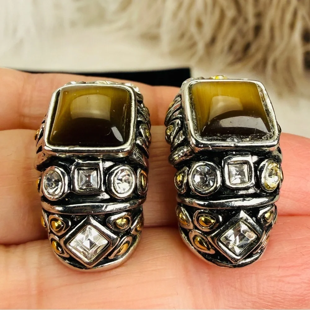 Vintage weighted, Silvertone, goldtone, bling half hoop pierced earrings